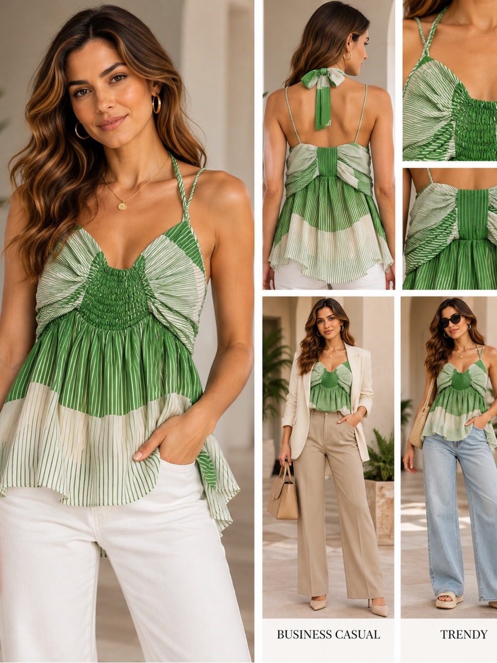 EUC! Alice + Olivia Green and Cream Pleated Smocked Halter, Small